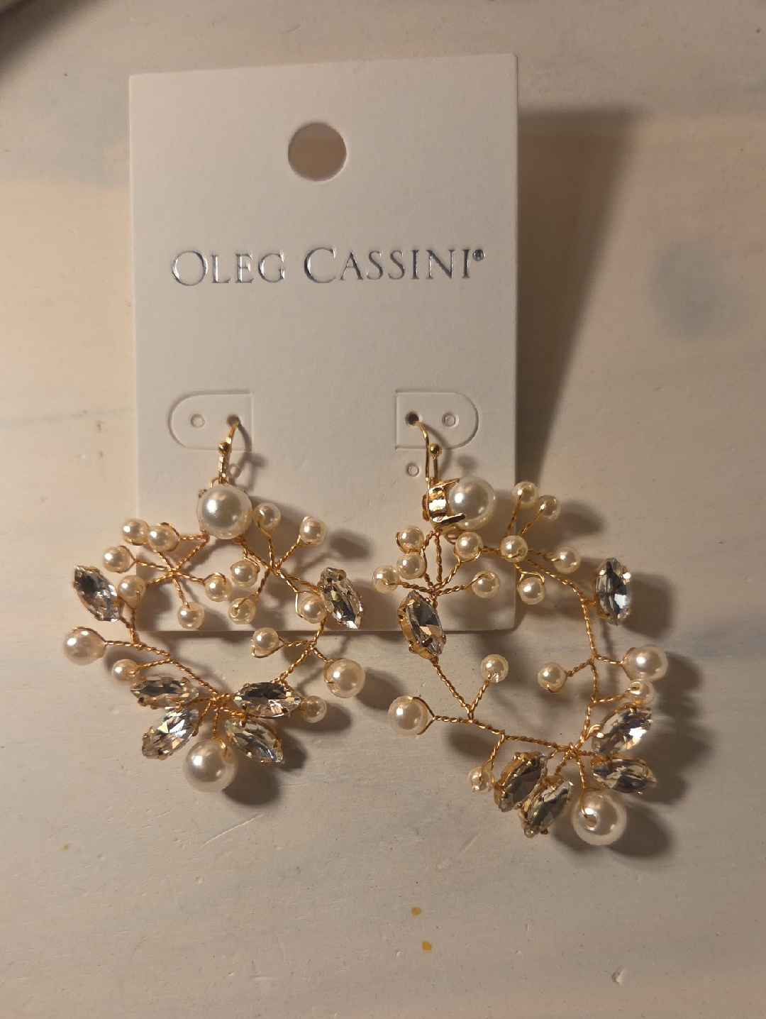 Oleg Cassini Gold Pearl And Crystal Vine Earrings